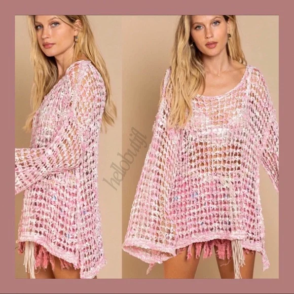 POL Pink Cream Fishnet Sweater Loose Knit Fishnet Tunic Sweater - Picture 10 of 14